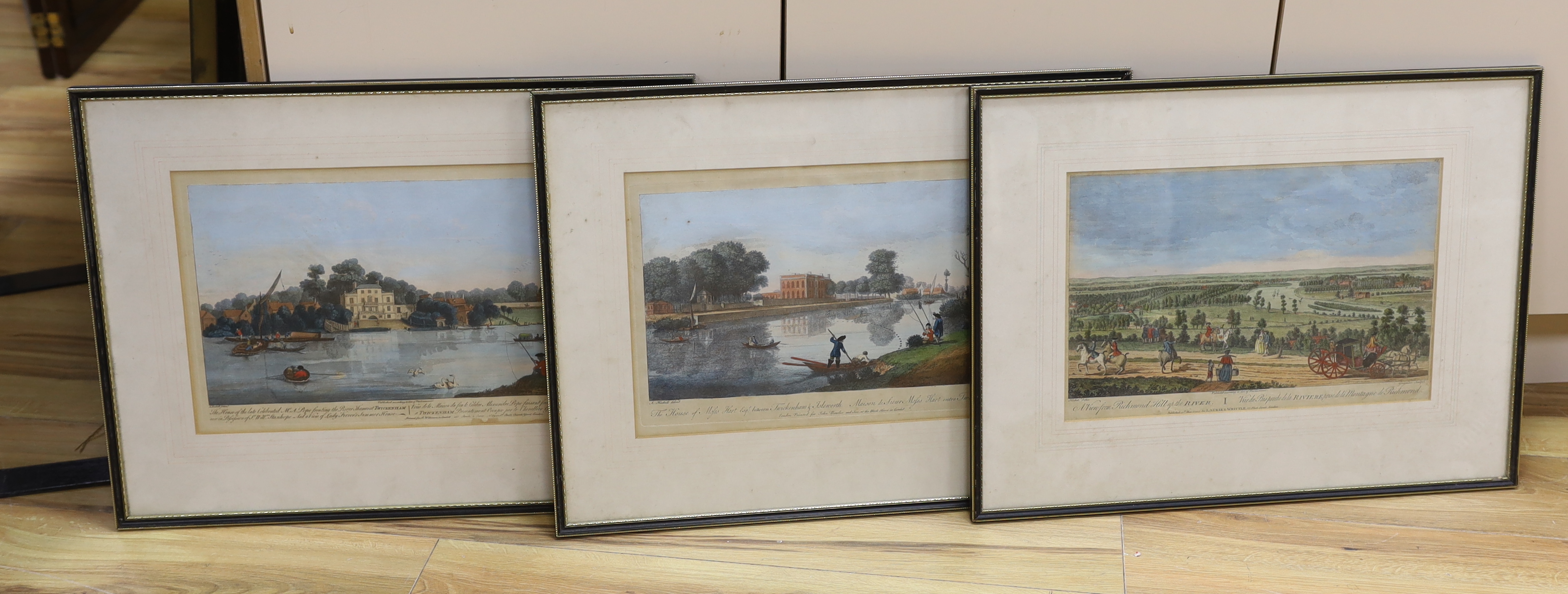 After Augustin Heckel (1690-1770), three colour etchings, comprising ‘Rover Thames at Twickenham’, printed for R. Wilkinson, ‘Twickenham & Isleworth’, printed for John Bowles and ‘View from Richmond Hill up the River’, p